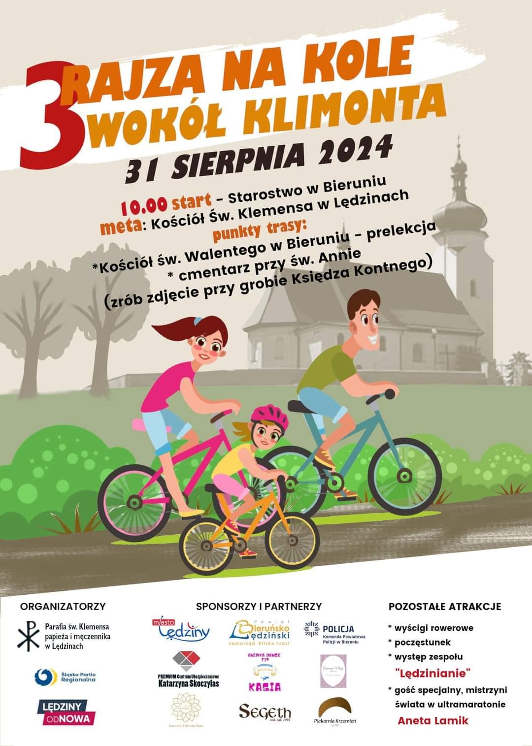 Plakat informacyjny, grafika trójosobowej rodziny na rowerach, w tle kościół sw. Klemensa w Lędzinach